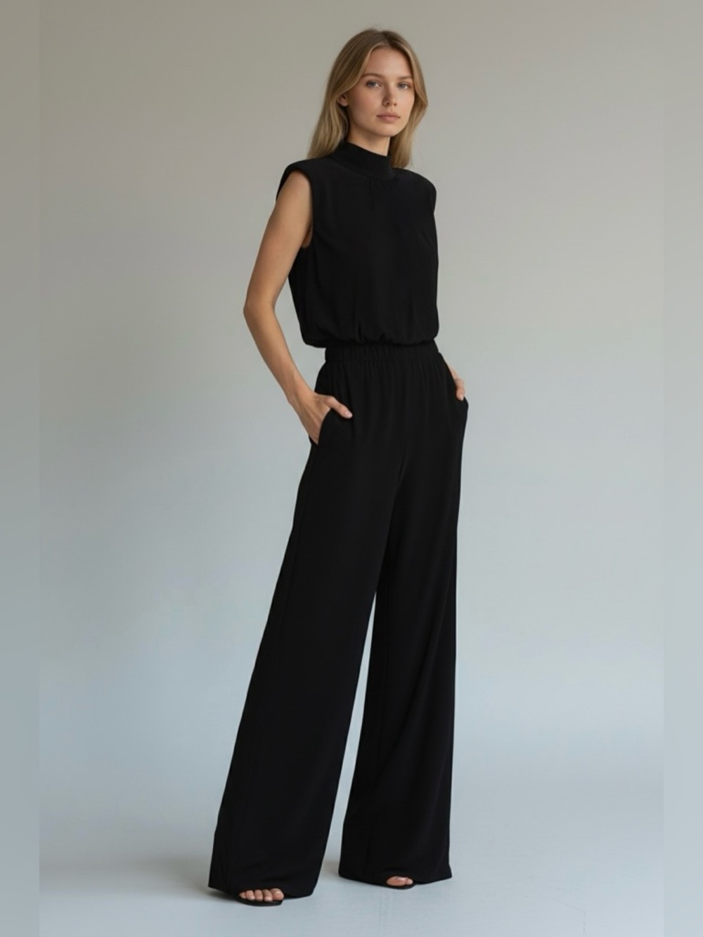 Donna Morgan Zeynep Black Mock Neck Wide-Leg Jumpsuit with Keyhole Back Size 12